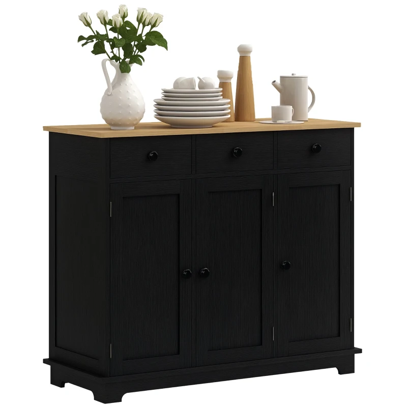 HOMCOM Kitchen Storage Cabinet, Sideboard Floor Cupboard with Solid Wood Top, Adjustable Shelf, and 3 Drawers, Black Wood Grain