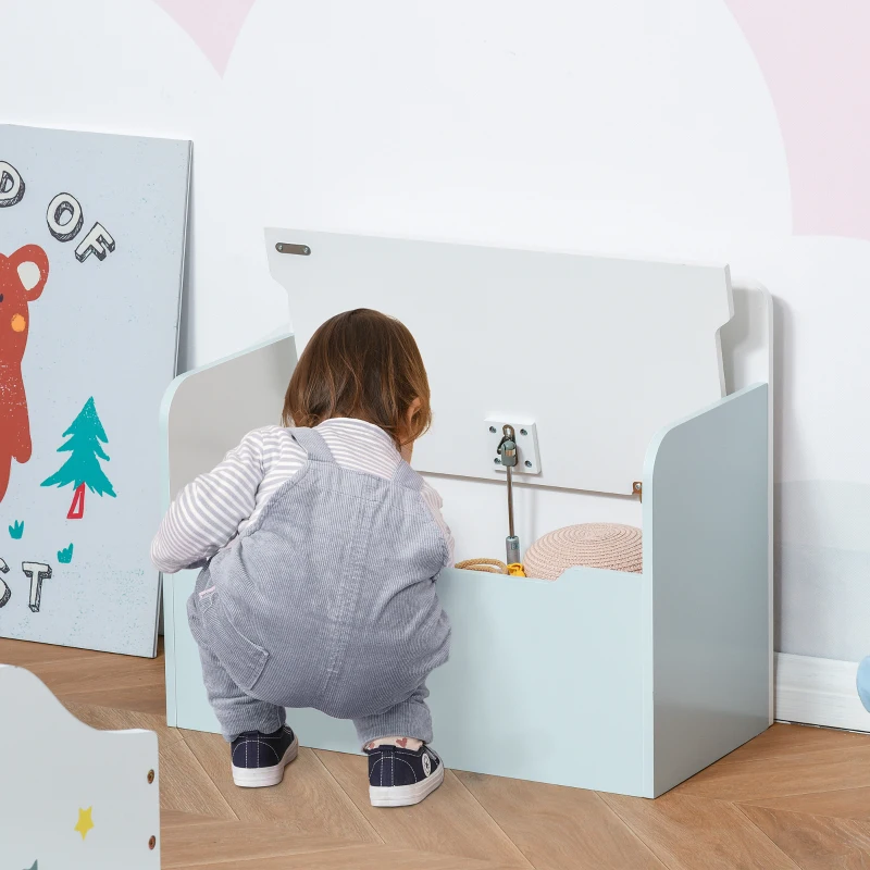 Qaba Kids Wooden Toy Storage Box Organizer Chest Chair 2 in 1 Design with Gas Stay Bar Seating Bench 23.5" x 12" x 20" Light White