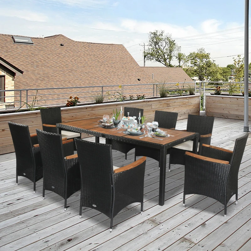 Outsunny 9 Pieces Outdoor Dining Set for 8, Wicker Rattan Patio Furniture Set, Patio Table and Chairs Set with Cushions, Acacia Wood Table Top, Conversation Set for Garden Backyard Deck, Cream White