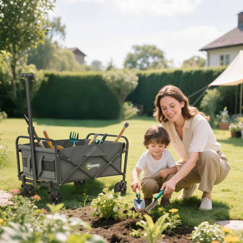 Outsunny Collapsible Folding Garden Cart, Heavy Duty Lawn Wagon with Universal Wheels and Adjustable Handle, Grey
