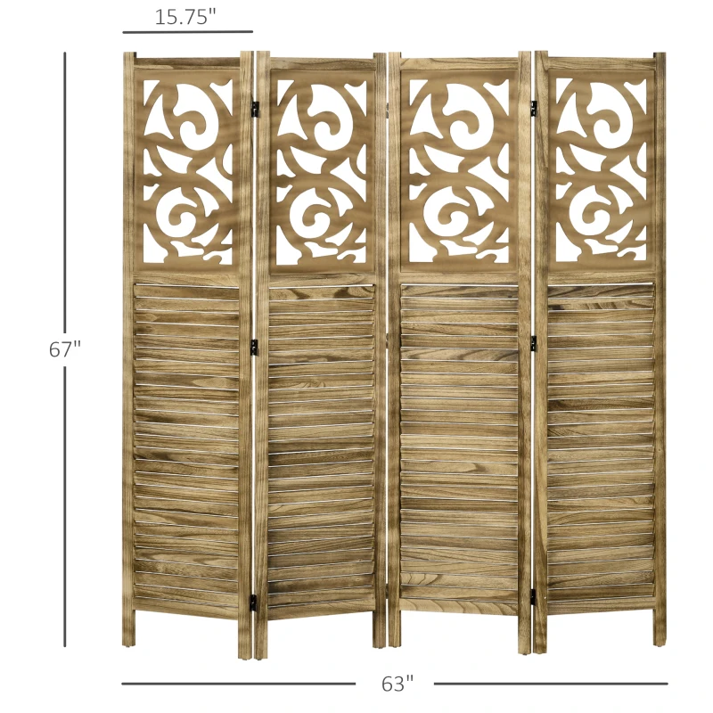 HOMCOM Wooden Room Divider, 4 Panel Double Hinged Folding Privacy Screen for Home Office, 63"x67"x0.75", Brown