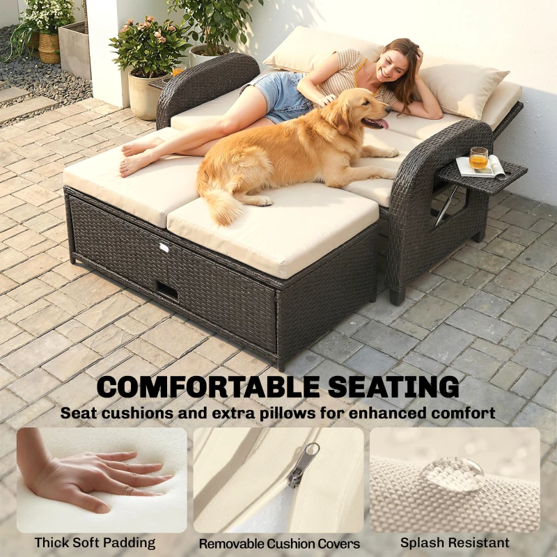 Outsunny Patio Rattan Daybed, Wicker Outdoor Daybed with Storage Ottoman, Loveseat w/ Adjustable Backrest, Beige