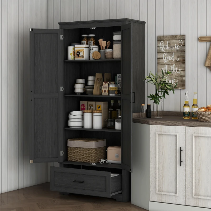 HOMCOM 69" Tall Farmhouse Kitchen Pantry Cabinet with 2 Doors, Drawer and Adjustable Shelves for Dining Room, Black