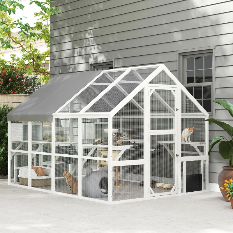 PawHut Outdoor Cat Enclosure Wooden Feral Cat House w/ Weatherproof Canopy, Bridges, Resting Boxes, Platforms, for 3-6 Cats