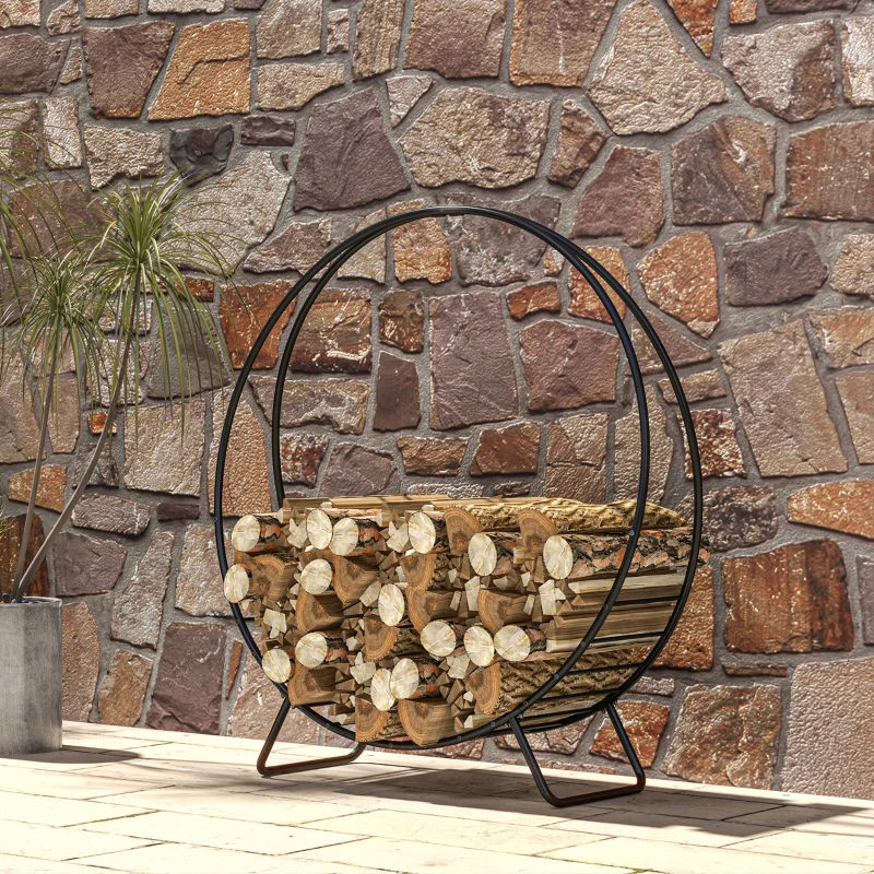 Outsunny 48" Firewood Rack with Waterproof Cover, Heavy Duty Wood Storage Holder Log Rack for Indoor Outdoor, Black