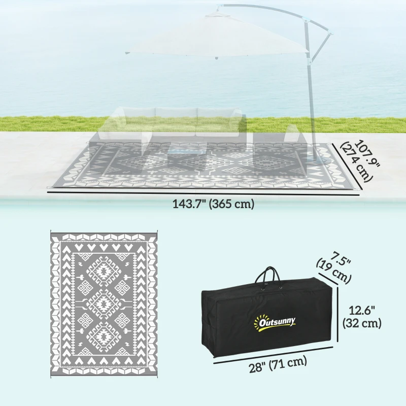 Outsunny 9' x 12' Outdoor RV Rug, Reversible Patio Floor Mat with Carry Bag, Rhombus Patchwork, Grey and White