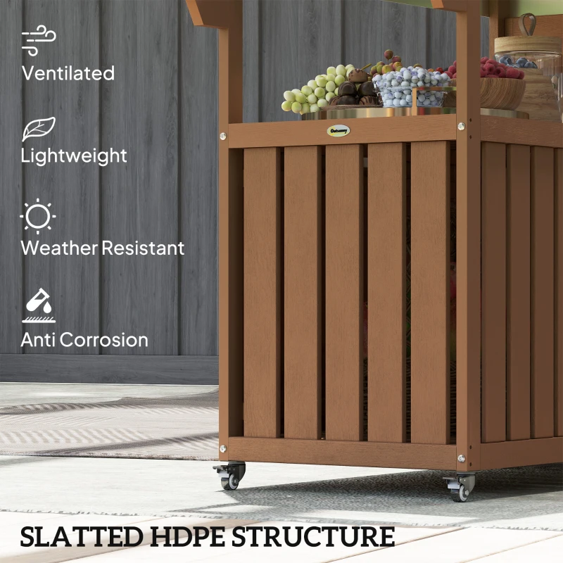 Outsunny Outdoor Bar Cart with Storage, Stainless Steel Outdoor Bar Table Top, Wheeled HDPE Kitchen Island for Food Prep, Brown