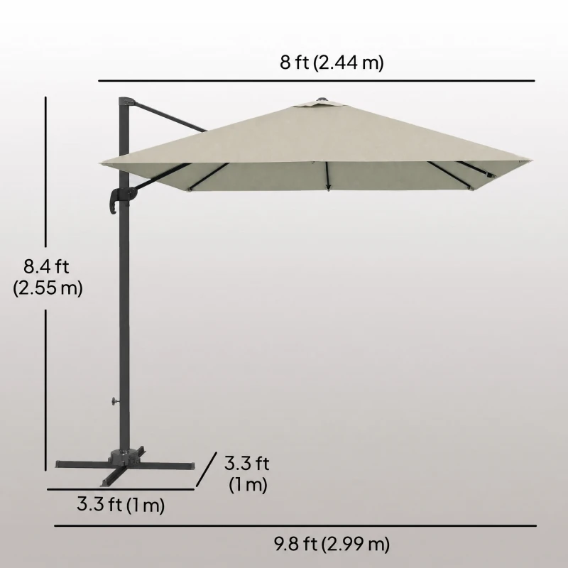 Outsunny 8 FT Aluminium Cantilever Patio Umbrella with 360° Rotation, Cross Base, Crank and Tilt for Garden, Patio, Light Grey