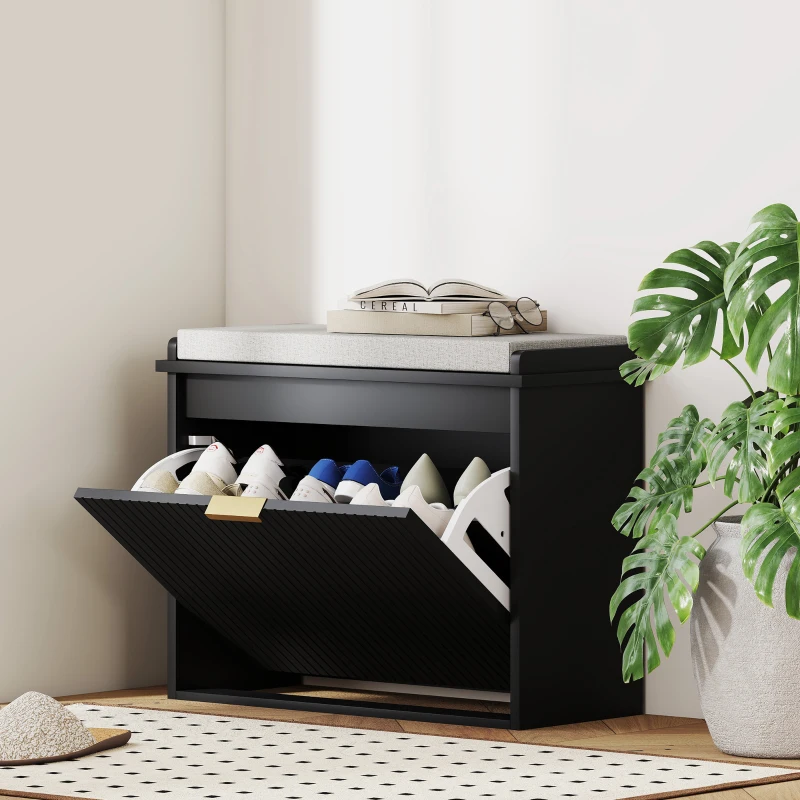 HOMCOM Shoe Storage Bench with Padded Seat Cushion and Flip-Drawer, Entryway Bench, Shoe Cabinet, 24.4x10.2x18.7 Inches, Black
