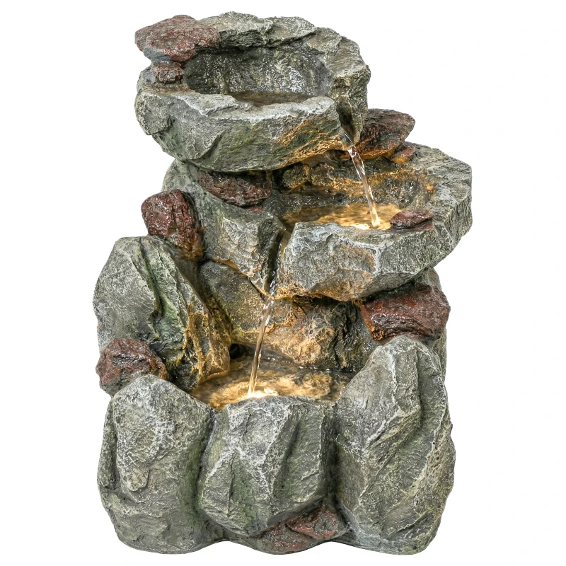 Outsunny Outdoor Fountain with LED Lights Adjustable Flow Cascading Waterfall 3-Tier Rustic Rock Look Grey