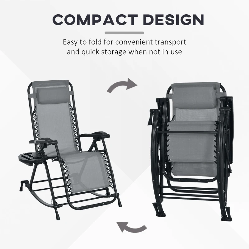 Outsunny 2 Outdoor Rocking Chairs Foldable Reclining Zero Gravity Lounge Rockers w/ Pillow Cup & Phone Holder, Gray