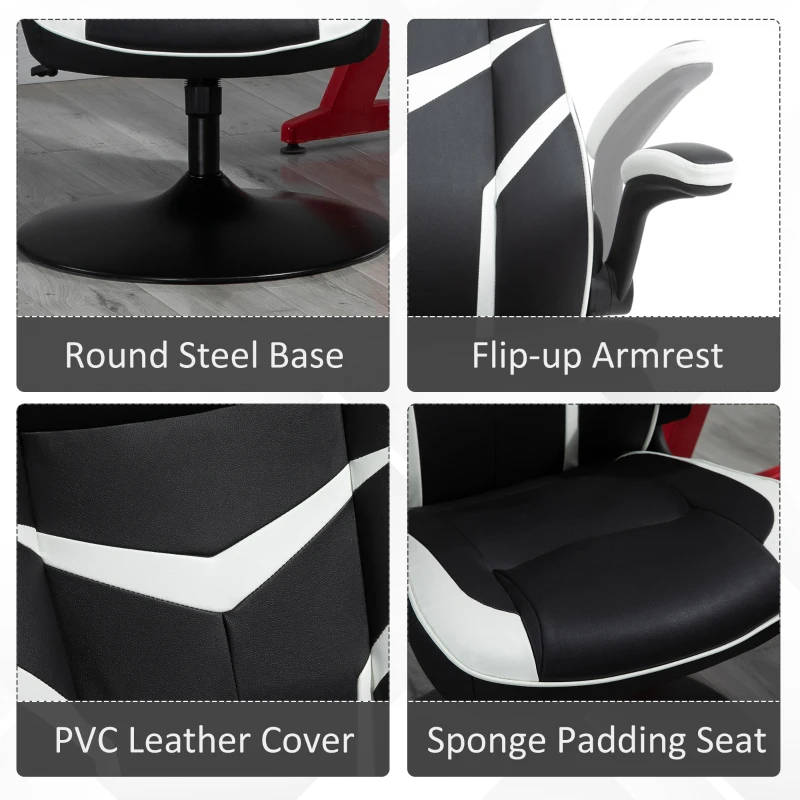 Vinsetto High Back Video Gaming Chair Height Adjustable Flip-up Armrest 360° Swivel Racing Gamer with Pedestal Base, Black and White