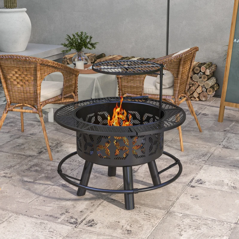 Outsunny Wood Burning Fire Pit Charcoal BBQ Grill, Portable Firepit with Adjustable Grill Grate, Pan and Poker, 33", Black