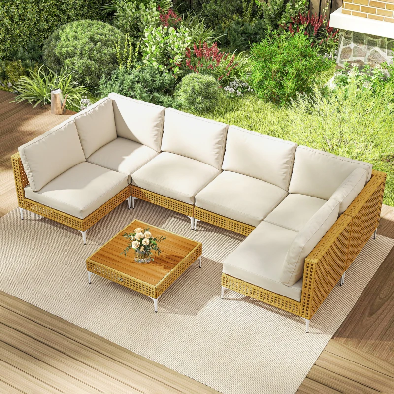 Outsunny 7 Piece Wicker Patio Furniture Set, Modular Outdoor Sectional with Thickened Cushions, Acacia Wood Table, Khaki/Beige
