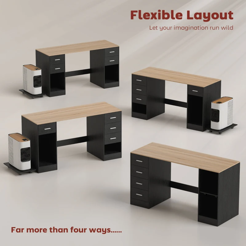 HOMCOM Office Desk, 55" Computer Desk with 4 Reversible Drawers, Mobile PC Stand, Adjustable Shelf, Black Wood Grain