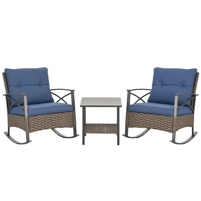 Outsunny 3 Piece Rocking Bistro Set, Outdoor Wicker Patio Conversation Set with Rockers, Table, Cushions, for Garden, Dark Blue