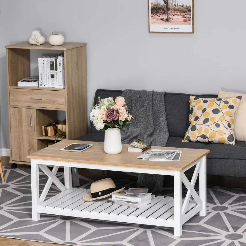 HOMCOM Farmhouse Style Coffee Table with X Bar Frame, Open Slat Wooden Bottom Shelf, Natural/White