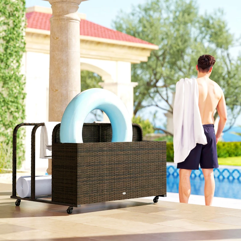Outsunny PE Rattan Pool Float Storage Organizer with Wheels, Mixed Brown