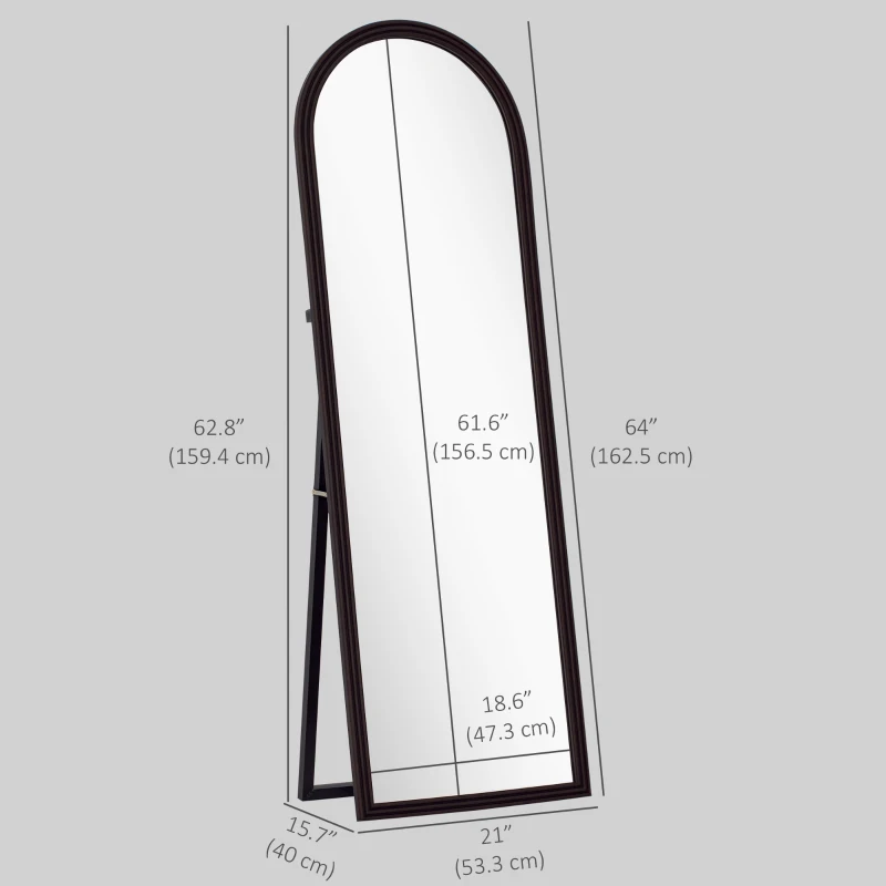 HOMCOM 64" x 21" Full Length Mirror, Free Standing, Leaning or Wall, Arched Full Body Mirror, Brown Wood Grain