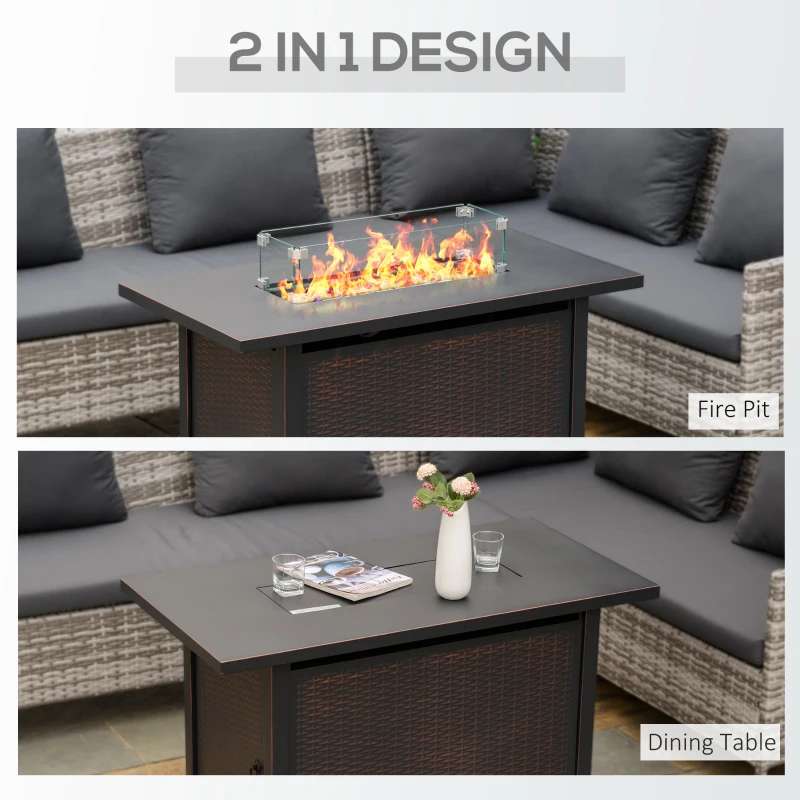 Outsunny 43" Outdoor Propane Gas Fire Pit Table, Wicker Patio Gas Firepit w/ Glass Wind Guard, 50,000 BTU CSA Certified Bronze
