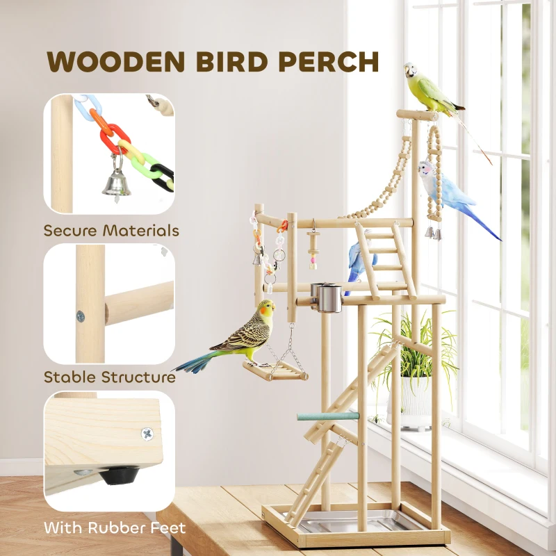 PawHut Bird Playground, 4 Layer Wooden Play Stand with Ladders, Chain Toy, Stainless Steel Cups and Tray for Small Birds