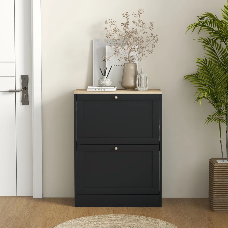 HOMCOM Slim Shoe Storage Cabinet, Modern Shoe Cabinet with 2 Flip Drawers and Adjustable Shelves for 8-12 Pairs, Black
