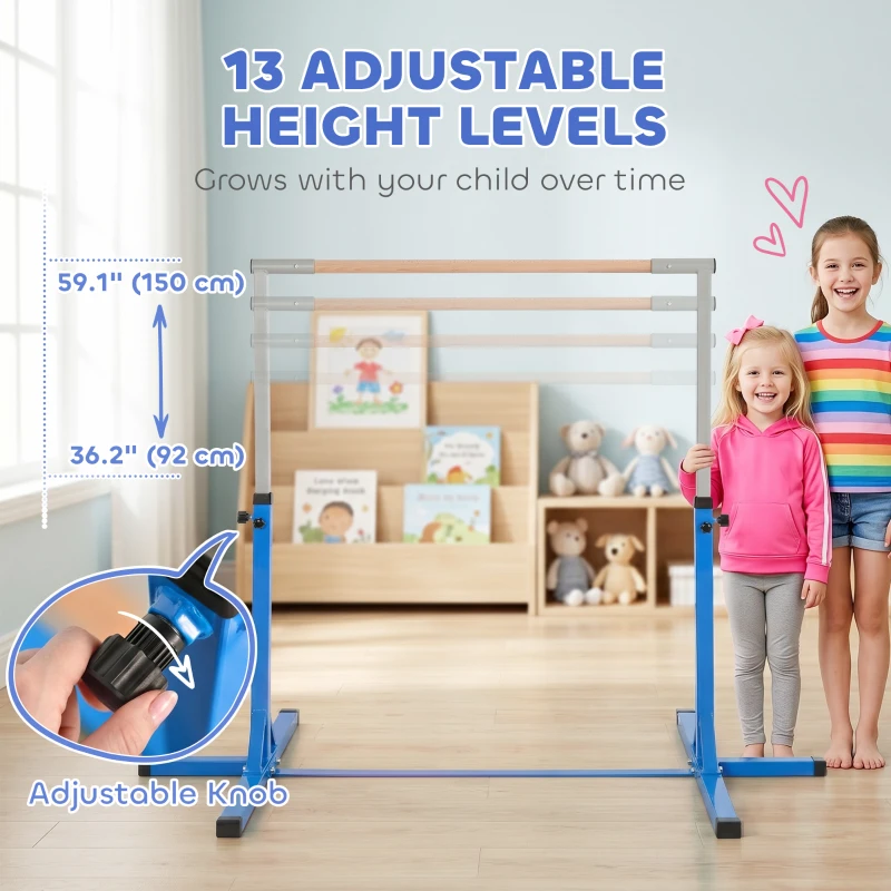 Soozier Professional Gymnastics Bar for Kids, Toddler Home Gymnastics Equipment with 13-level Adjustable Height, Blue