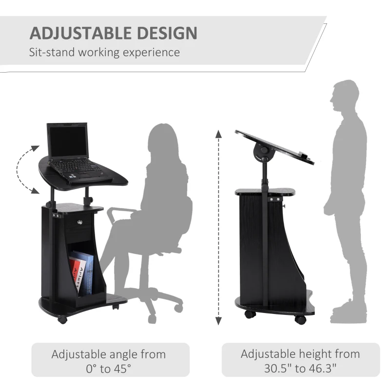 HOMCOM Mobile Laptop Cart, Sit-to-Stand Computer Desk with Drawer, Height Adjustable Rolling Podium Desk Stand with Swivel Top & Storage, Black