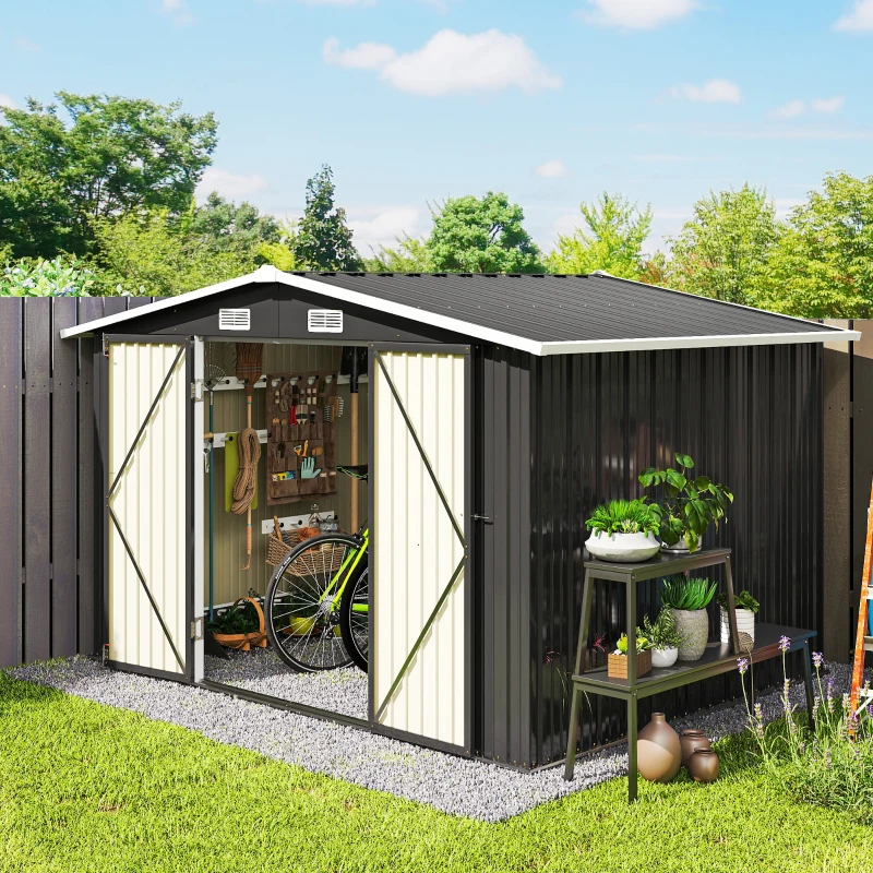 Outsunny 10' x 8' Metal Shed, Heavy Duty Outdoor Storage Shed with 4 Vents and Lockable Double Doors, Dark Grey