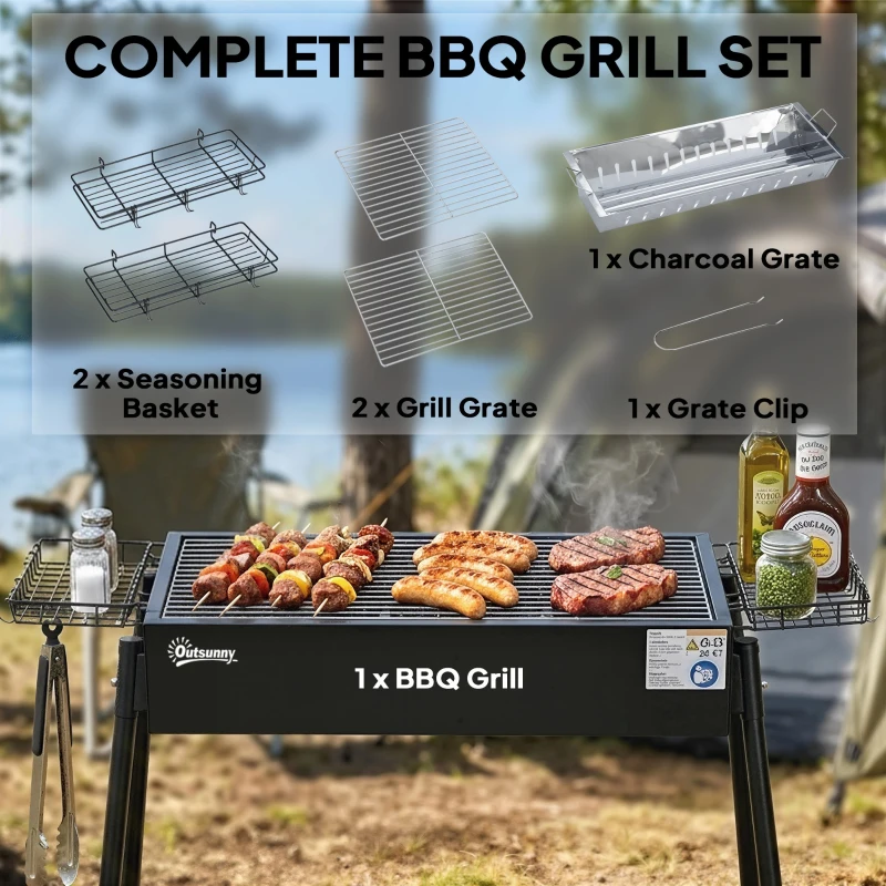 Outsunny Portable BBQ Grill, Charcoal Grill with Side Seasoning Baskets, Hooks and Nets for Outdoor, Picnic, Camping, Black