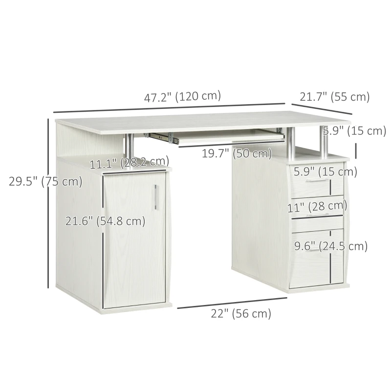 HOMCOM 47" Computer Desk with Keyboard Tray and Storage Drawers, Home Office Workstation Table with Storage Shelves, White