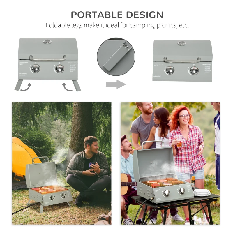 Outsunny 2 Burner Propane Gas Grill, Portable Tabletop BBQ with Foldable Legs, Lid, for Camping, Picnic, Silver