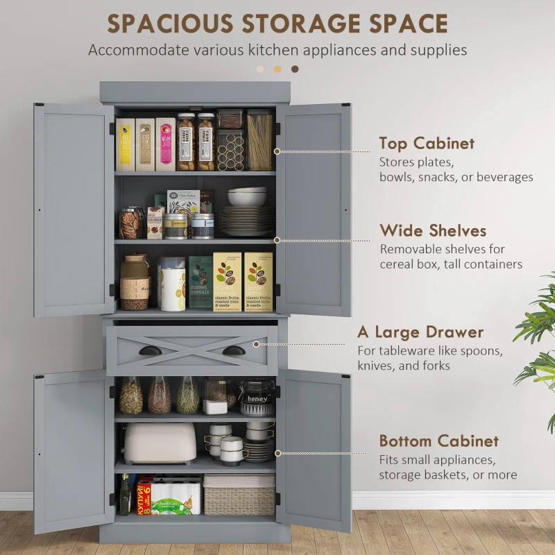 HOMCOM 72" Kitchen Cabinet, Pantry Storage Cabinet with 4 Doors and 2 Adjustable Shelves, Large Central Drawer, Gray