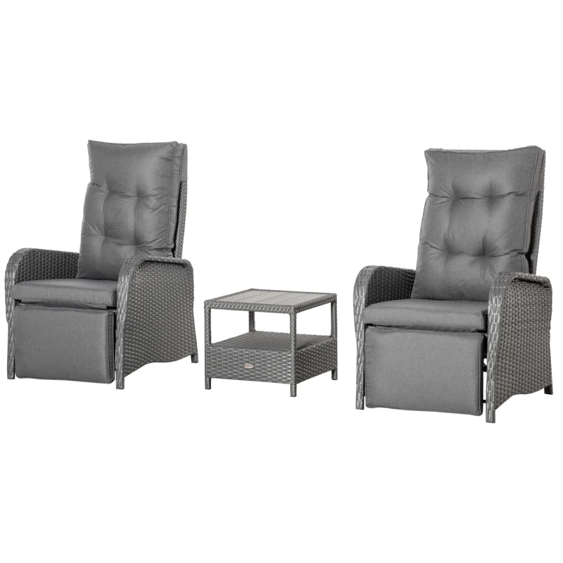 Outsunny 3 Pieces Patio Wicker Bistro Set, PE Rattan Coffee Table & Adjustable Recline Chairs Furniture Set with Cushions and Wood Grain Plastic Top, Grey