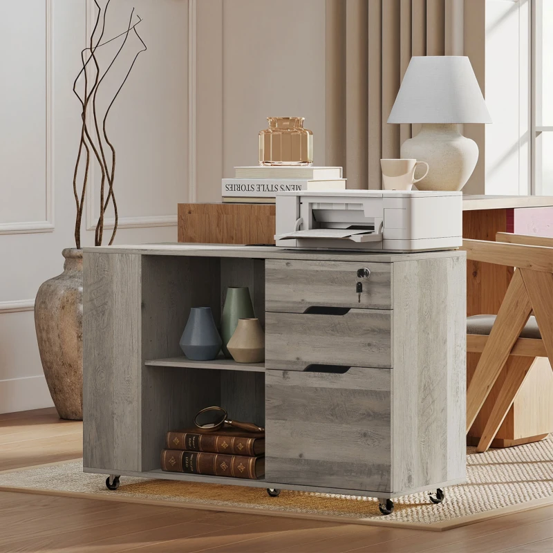 HOMCOM Filing Cabinet with Power Outlets File Cabinet Lockable Casters File Drawer Side Cubbies Light Grey Brown