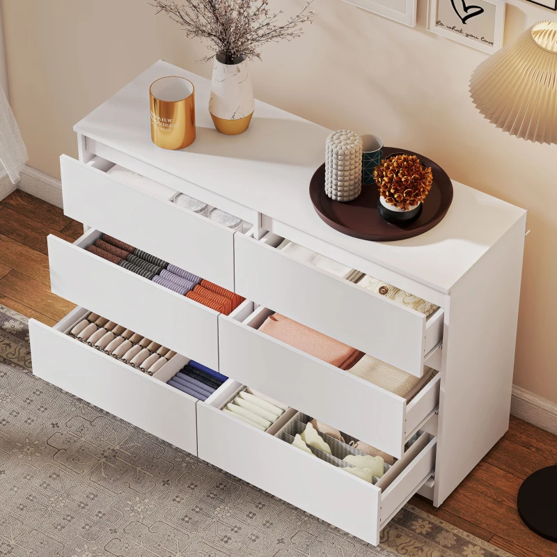 HOMCOM Wide Chest of Drawers, 6 Drawer Dresser for Bedroom, Living Room, Hallway, Modern Clothes Storage Organizer, White