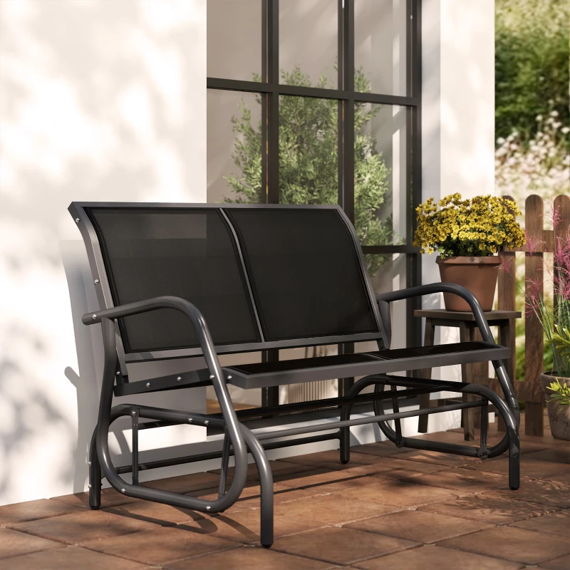 Outsunny Patio Double Glider Bench Swing Chair Rocker Heavy-Duty Loveseat Outdoor Garden Rocking Bench Steel Frame Sling Fabric Seat Black
