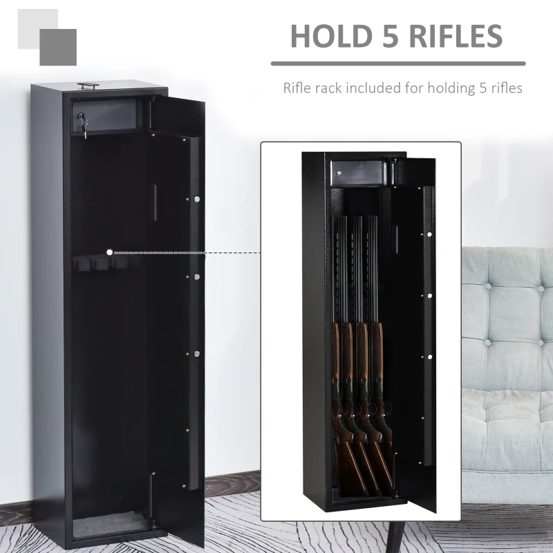 HomCom 56" Steel Electronic 5 Rifle Gun Security Cabinet w/Digital Keypad, Keys,Padded Interior- Black