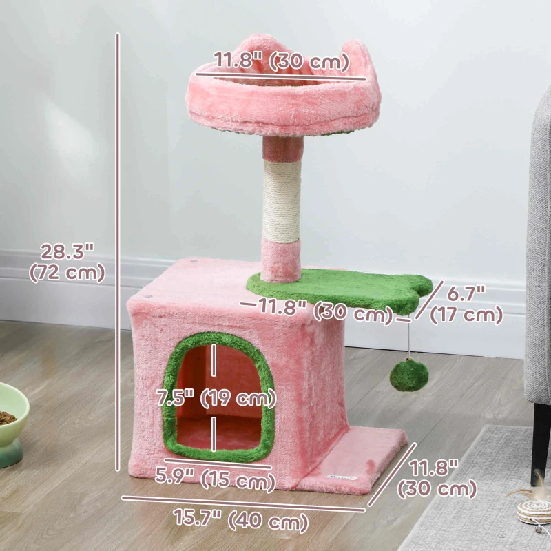 PawHut 28" Cat Tree Tower with Plush Top Bed, Cozy Condo, Sisal Scratching Post, Perch, Dangling Ball, Pink & Green