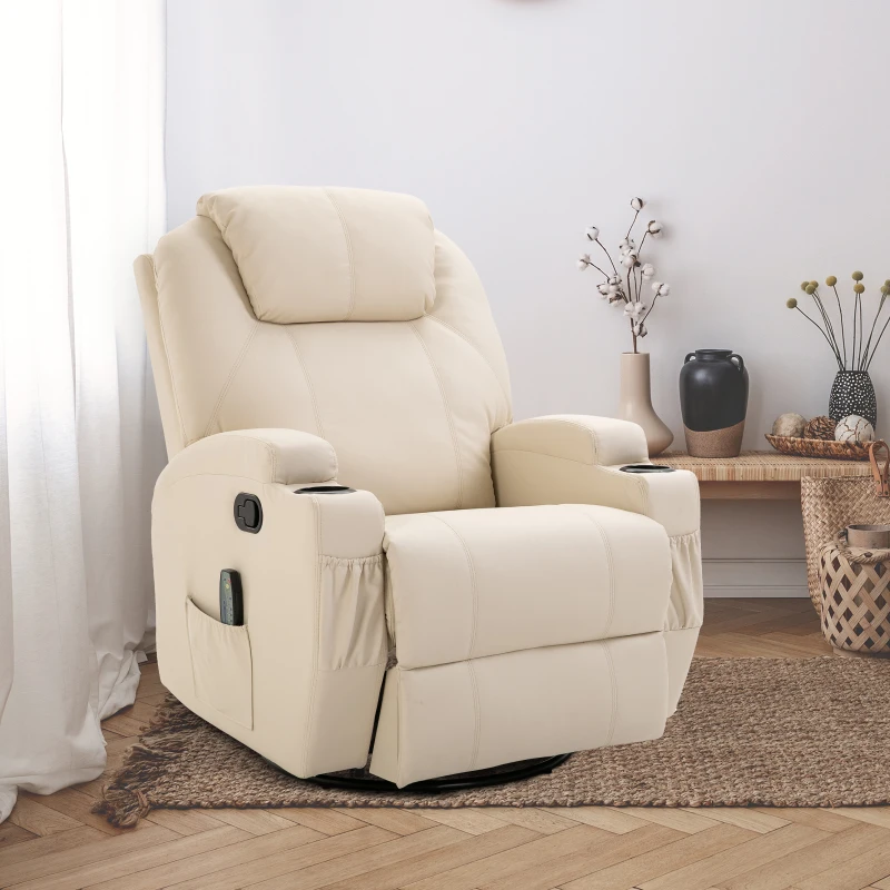 HomCom Faux Leather Heated Massage Recliner Chair with Remote - Cream White