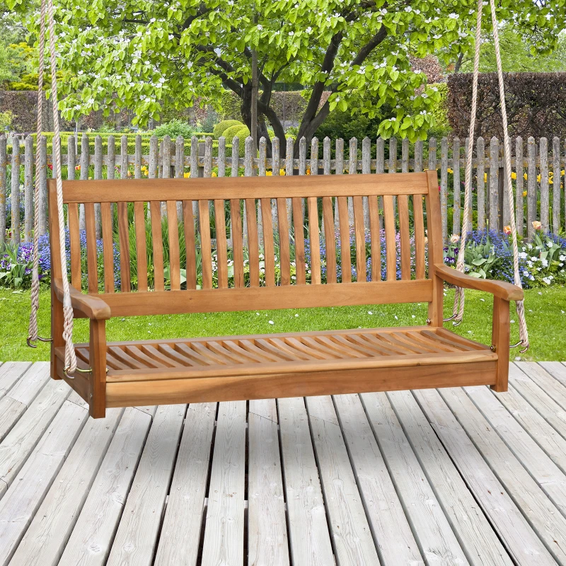 Outsunny 48'' 2-Seater Hanging Porch Swing, Outdoor Patio Wooden Swing Bench w/ Ropes, Slatted Design, 700 lb Weight Capacity, Natural