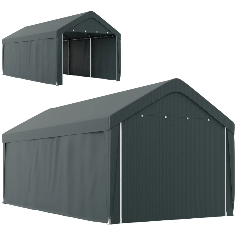 Outsunny Carport, 10 x 20 ft Portable Garage with 2 Roll-Up Doors and Removable Sidewalls for Car, Truck, Boat, Dark Grey