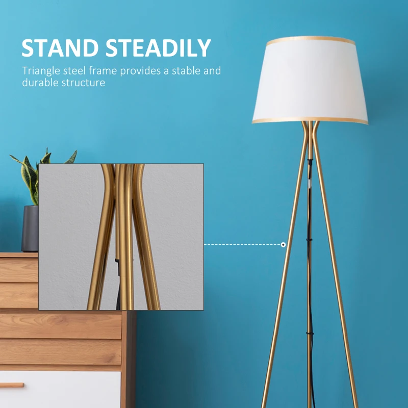 HOMCOM Modern Tripod Floor Lamp, Freestanding Lamp w/ Fabric Lampshade and E26 Base for Living Room, No Bulb - Gold