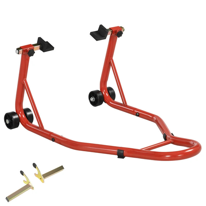 HOMCOM Motorcycle Rear Wheel Stand, Universal Motorcycle Lift with Adjustable U + L Swingarm Spool, Red