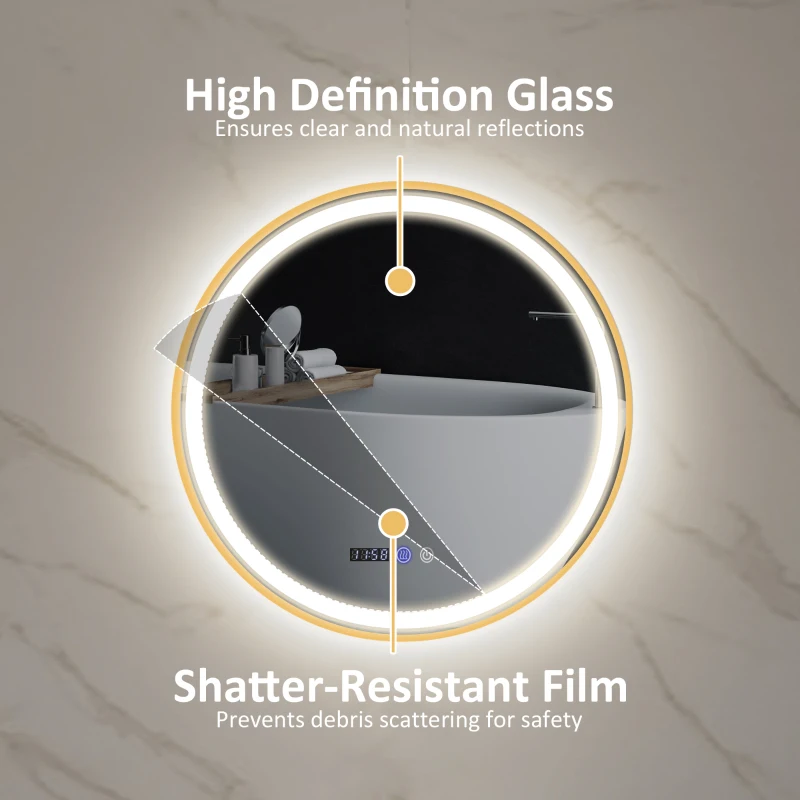 HOMCOM 28" Round Bathroom Mirror with LED Lights, Wall Mounted Vanity Mirror with Anti-Fog Pad, Time and Temp Display, Gold