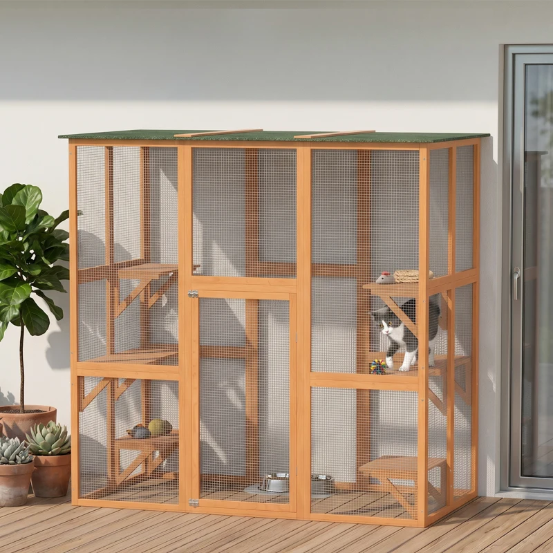 PawHut 71" x 39" x 71" Cat Cage, Large Outdoor Wooden Cat Patio with 6 Balanced Platforms and Asphalt Roof, Orange