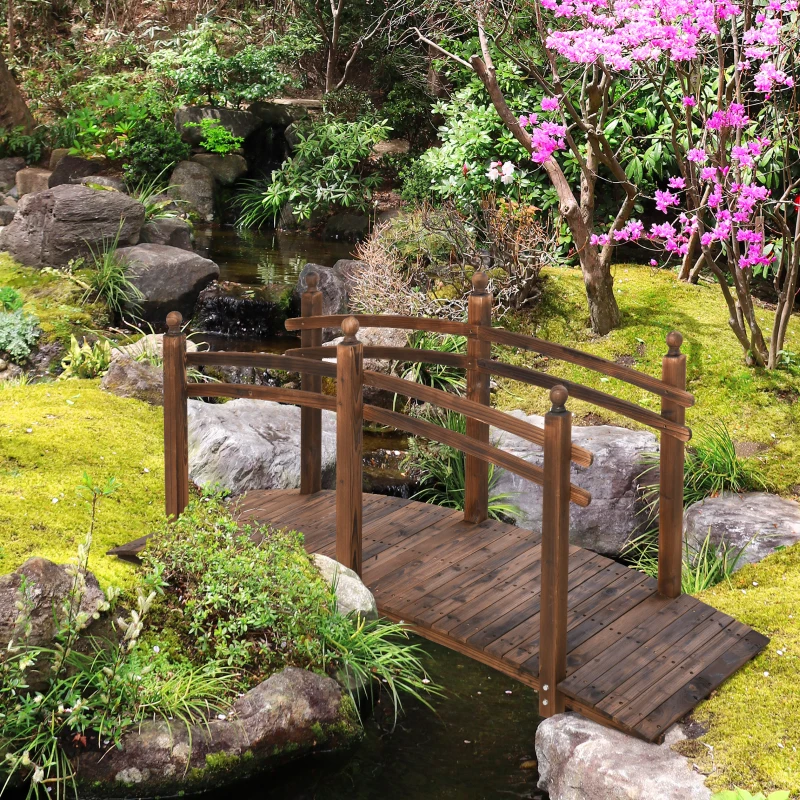 Outsunny 7.5' Fir Wood Garden Bridge Arc Walkway with Side Railings, for Backyards, Gardens, & Streams, Carbonized