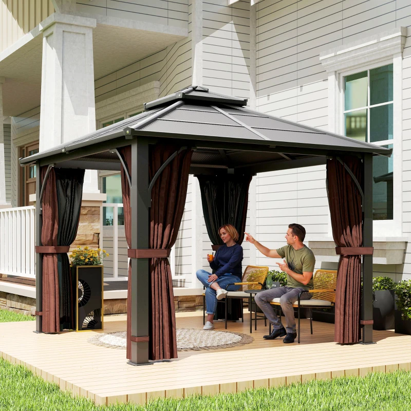 Outsunny 10' x 10' Hardtop Gazebo with 7mm Polycarbonate Double-Tier Roof, Outdoor Gazebo with Netting and Curtains, Coffee