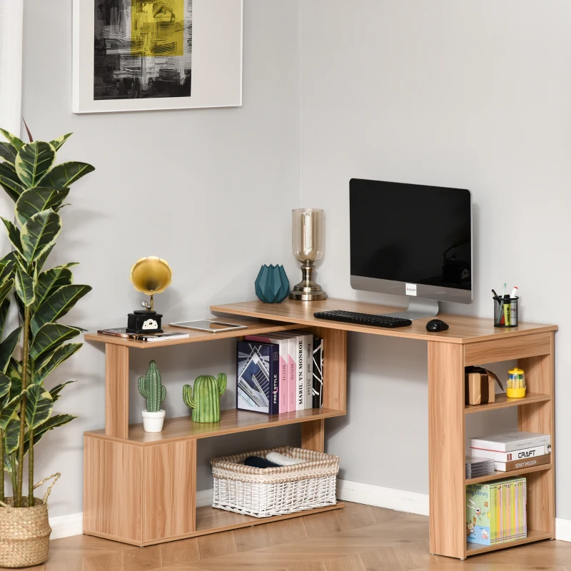 HOMCOM L Shaped Desk, 360° Rotating Corner Desk, Computer Writing Table Workstation with Storage Shelf for Home Office, Maple Brown