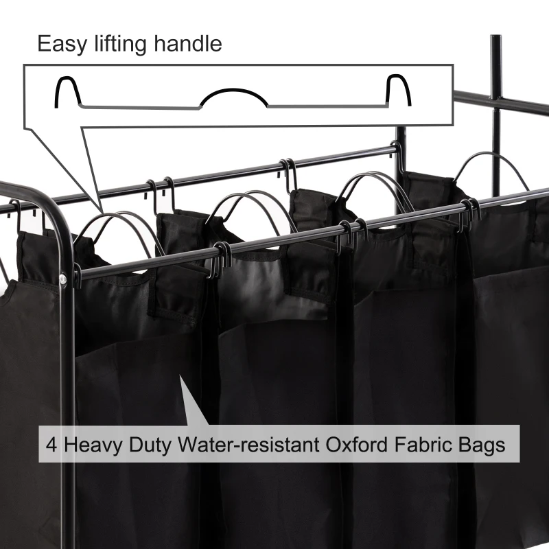 HOMCOM 4-Bag Rolling Laundry Sorter Cart Heavy Duty with Hanging Bar Large Washing Bag and Wheels Laundry Storage Black
